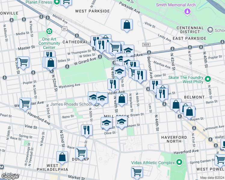 map of restaurants, bars, coffee shops, grocery stores, and more near 908 North 48th Street in Philadelphia