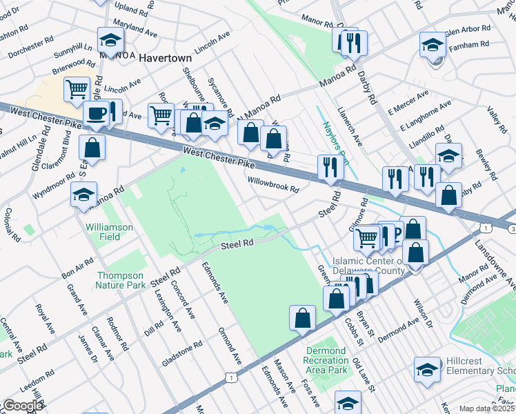map of restaurants, bars, coffee shops, grocery stores, and more near 132 Westwood Park Drive in Havertown
