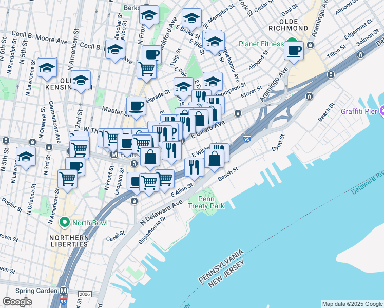 map of restaurants, bars, coffee shops, grocery stores, and more near 1101 East Columbia Avenue in Philadelphia