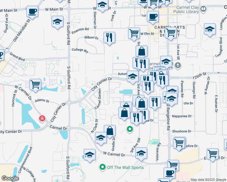 map of restaurants, bars, coffee shops, grocery stores, and more near 675 Beacon Street in Carmel
