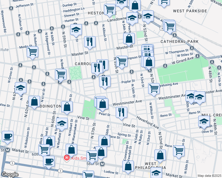 map of restaurants, bars, coffee shops, grocery stores, and more near 5540 Harmer Street in Philadelphia