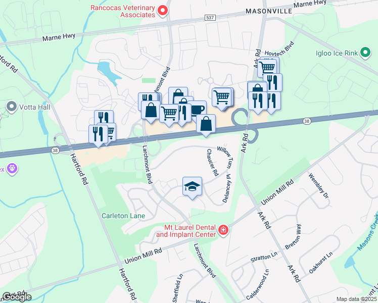 map of restaurants, bars, coffee shops, grocery stores, and more near 123 Willow Turn in Mount Laurel Township