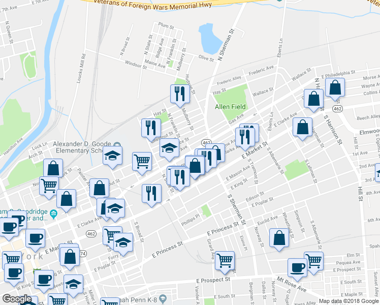 map of restaurants, bars, coffee shops, grocery stores, and more near 698 Highway 462 in York