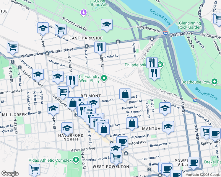 map of restaurants, bars, coffee shops, grocery stores, and more near 859 Sloan Street in Philadelphia