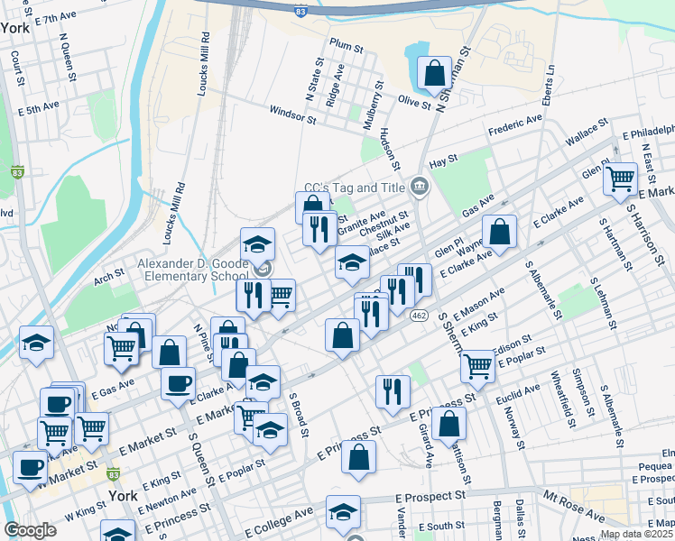 map of restaurants, bars, coffee shops, grocery stores, and more near 616 Wallace Street in York