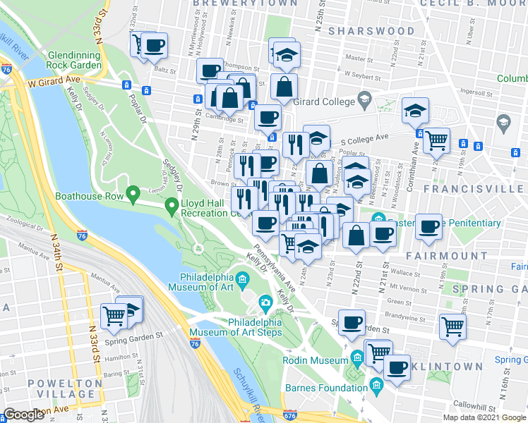 map of restaurants, bars, coffee shops, grocery stores, and more near 741 North 26th Street in Philadelphia