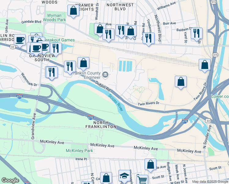 map of restaurants, bars, coffee shops, grocery stores, and more near 900 Dublin Road in Columbus