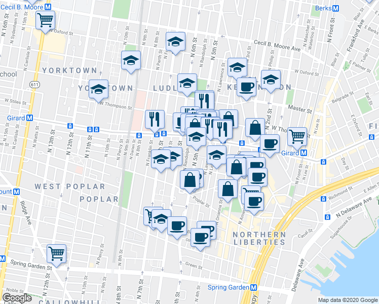 map of restaurants, bars, coffee shops, grocery stores, and more near 993 North Randolph Street in Philadelphia