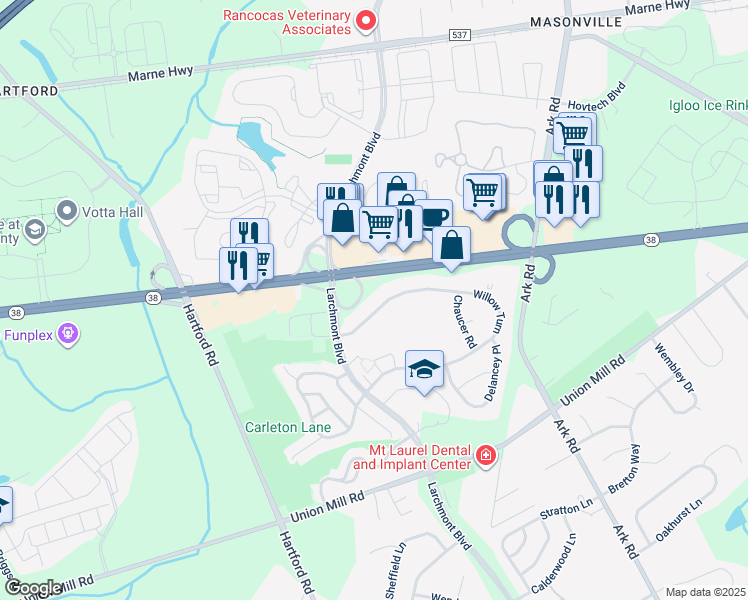 map of restaurants, bars, coffee shops, grocery stores, and more near 124 Willow Turn in Mount Laurel