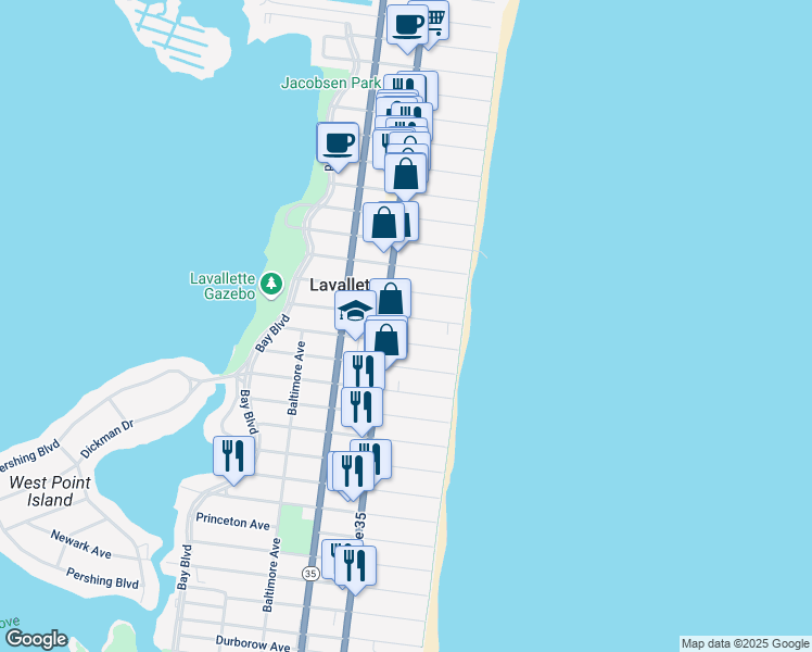 map of restaurants, bars, coffee shops, grocery stores, and more near 23 Washington Avenue in Lavallette