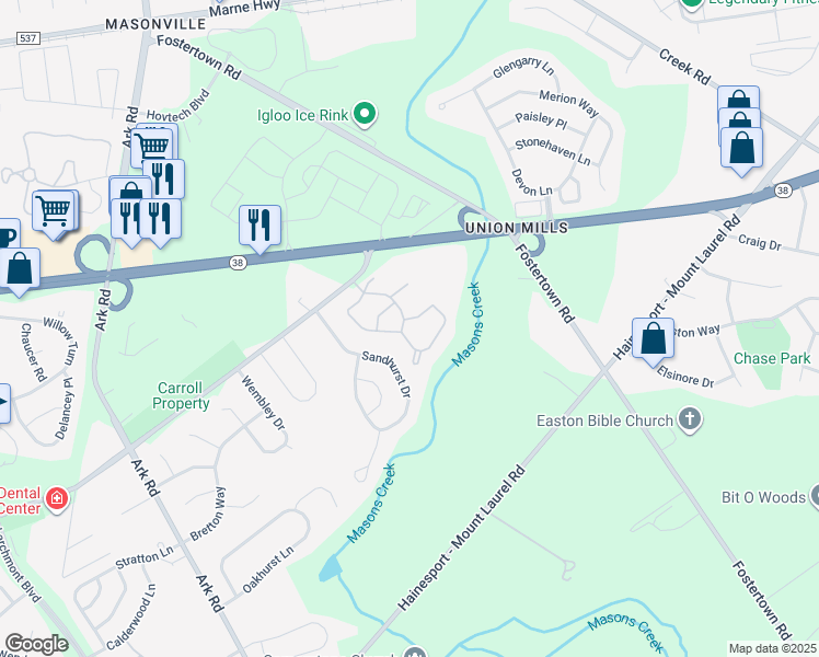 map of restaurants, bars, coffee shops, grocery stores, and more near 2205A Yarmouth Lane in Mount Laurel Township