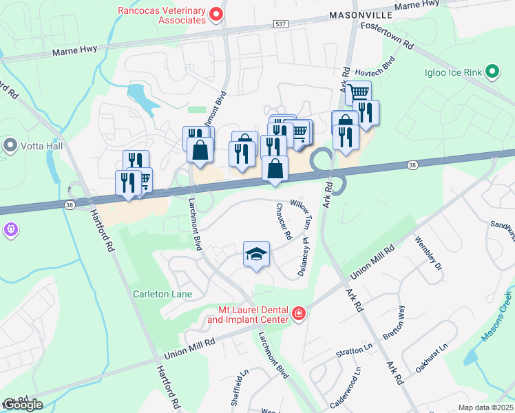 map of restaurants, bars, coffee shops, grocery stores, and more near 123 Willow Turn in Mount Laurel Township