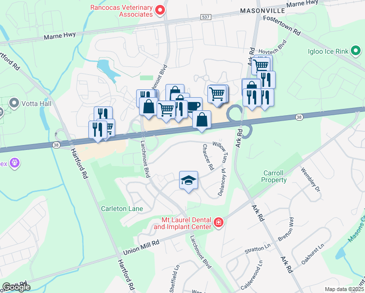 map of restaurants, bars, coffee shops, grocery stores, and more near 123 Willow Turn in Mount Laurel Township