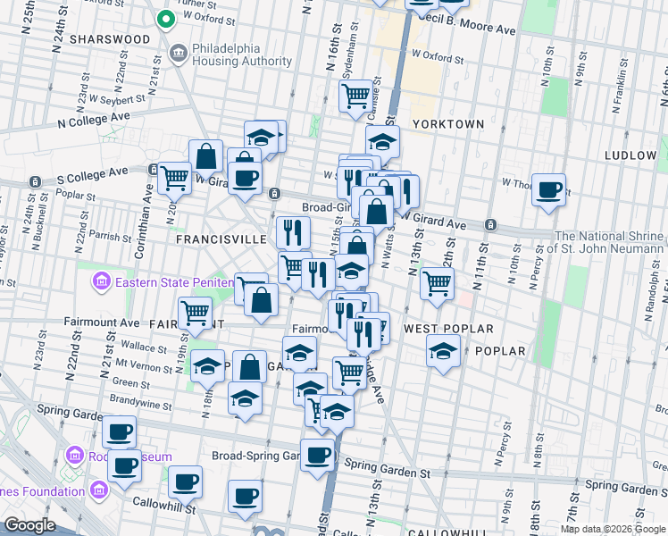 map of restaurants, bars, coffee shops, grocery stores, and more near 1504 Parrish Street in Philadelphia