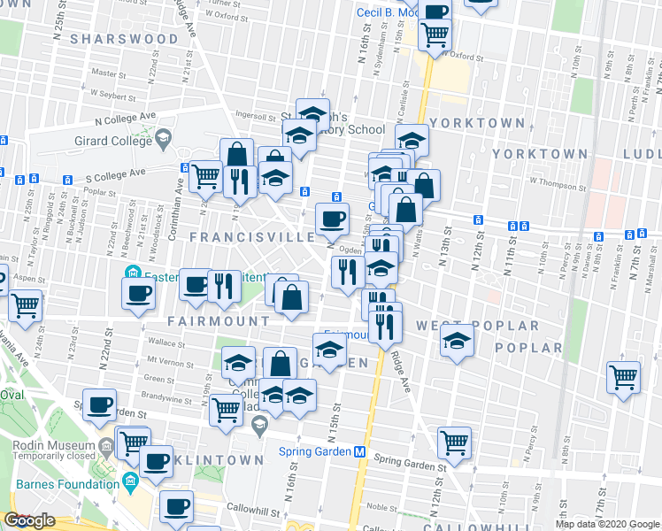 map of restaurants, bars, coffee shops, grocery stores, and more near 1530-32 Parrish Street in Philadelphia