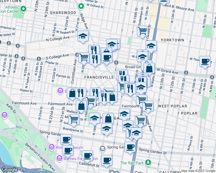 map of restaurants, bars, coffee shops, grocery stores, and more near 1700 Francis Street in Philadelphia