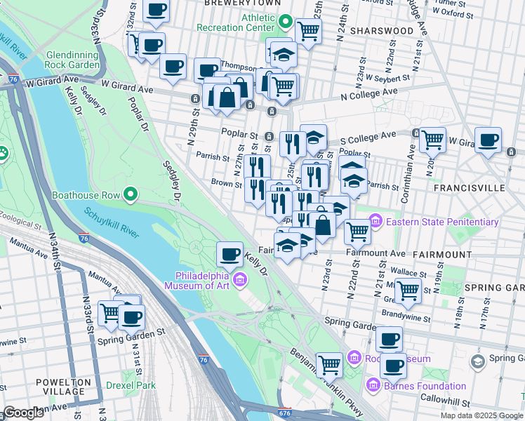 map of restaurants, bars, coffee shops, grocery stores, and more near 741 North 26th Street in Philadelphia