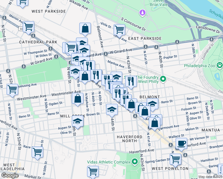 map of restaurants, bars, coffee shops, grocery stores, and more near in Philadelphia