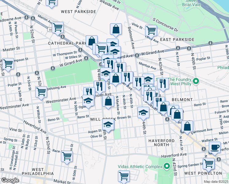 map of restaurants, bars, coffee shops, grocery stores, and more near 4610 Westminster Avenue in Philadelphia