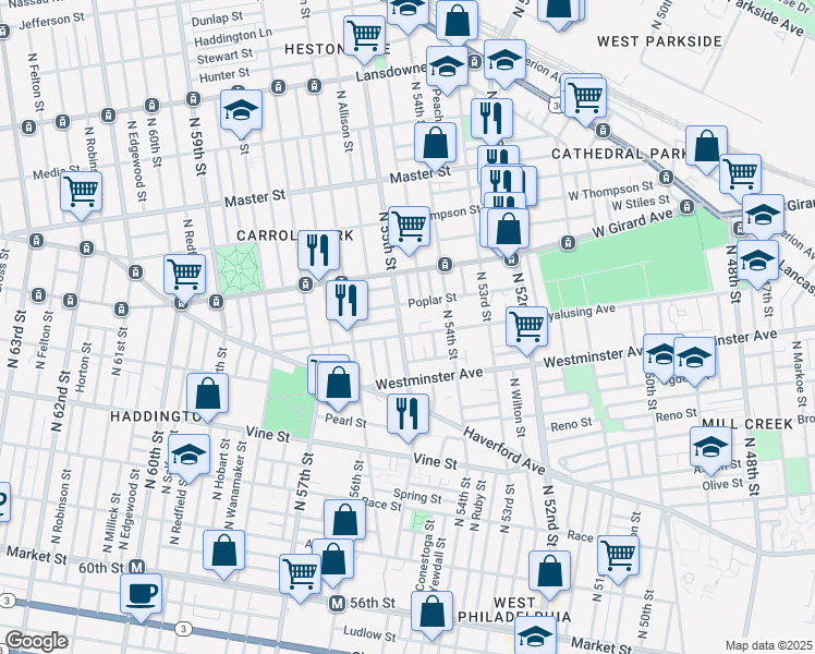 map of restaurants, bars, coffee shops, grocery stores, and more near 5416 Wyalusing Avenue in Philadelphia