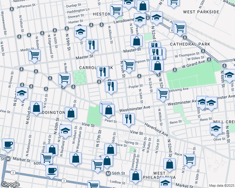 map of restaurants, bars, coffee shops, grocery stores, and more near 5521 Wyalusing Avenue in Philadelphia