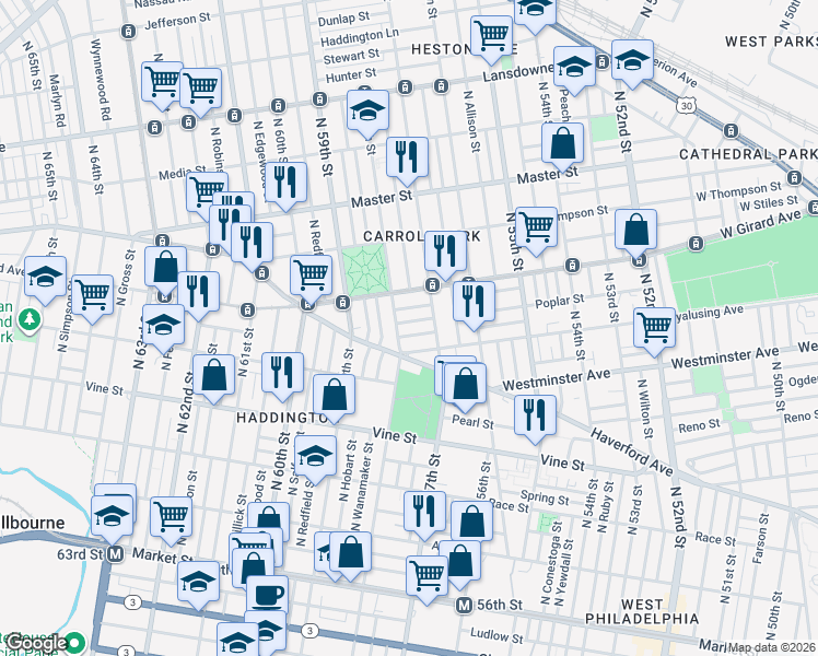map of restaurants, bars, coffee shops, grocery stores, and more near 516 North 58th Street in Philadelphia