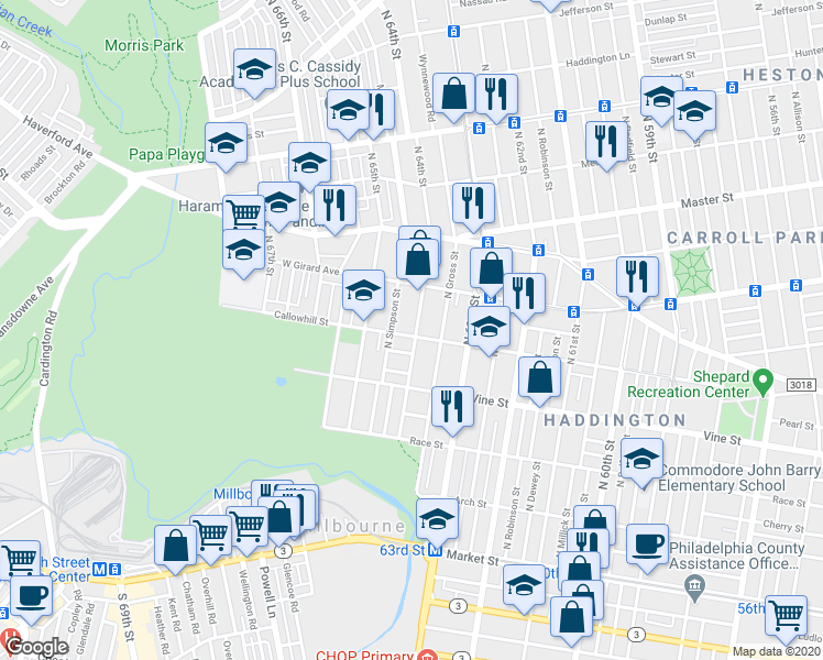 map of restaurants, bars, coffee shops, grocery stores, and more near 349 North 64th Street in Philadelphia