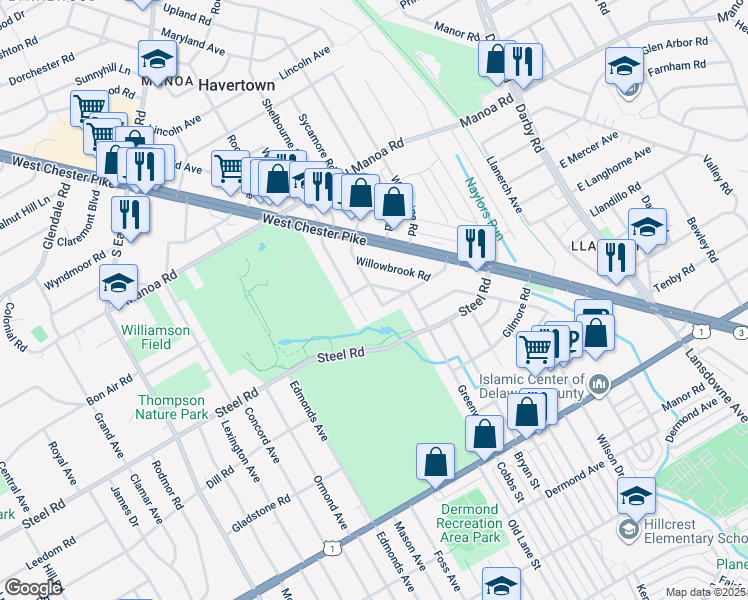 map of restaurants, bars, coffee shops, grocery stores, and more near 132 Westwood Park Drive in Havertown