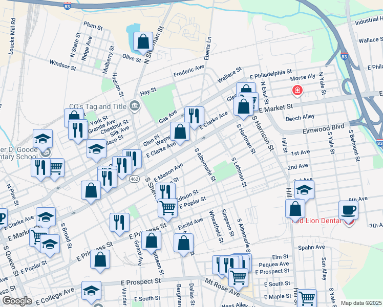 map of restaurants, bars, coffee shops, grocery stores, and more near 940 Pennsylvania 462 in York