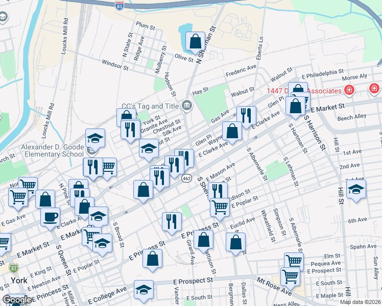 map of restaurants, bars, coffee shops, grocery stores, and more near 713-737 East Clarke Avenue in York