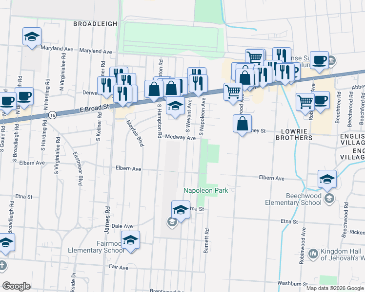 map of restaurants, bars, coffee shops, grocery stores, and more near 165 South Weyant Avenue in Columbus