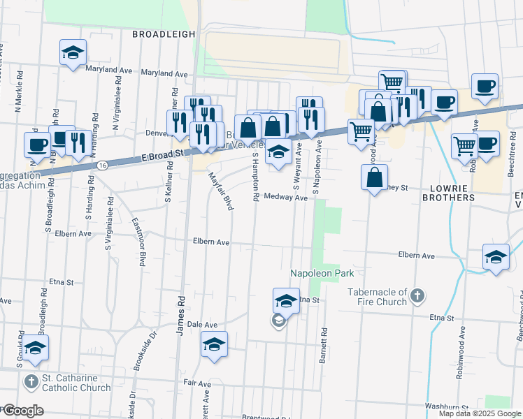 map of restaurants, bars, coffee shops, grocery stores, and more near 156 South Hampton Road in Columbus