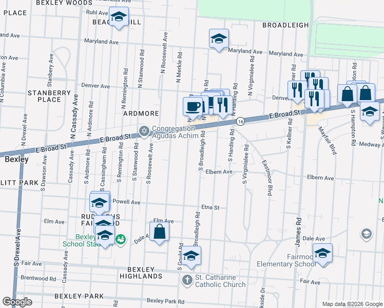 map of restaurants, bars, coffee shops, grocery stores, and more near 86 South Gould Road in Columbus