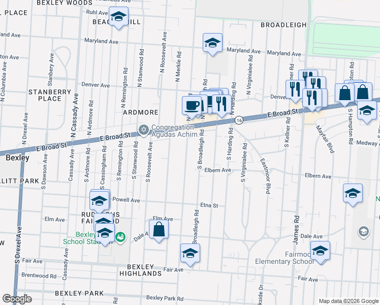 map of restaurants, bars, coffee shops, grocery stores, and more near 86 South Gould Road in Columbus