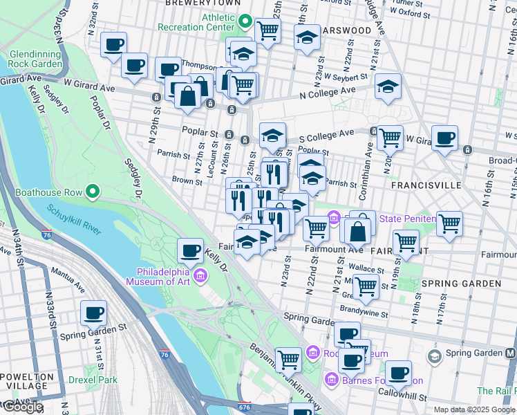 map of restaurants, bars, coffee shops, grocery stores, and more near 750 North Ringgold Street in Philadelphia