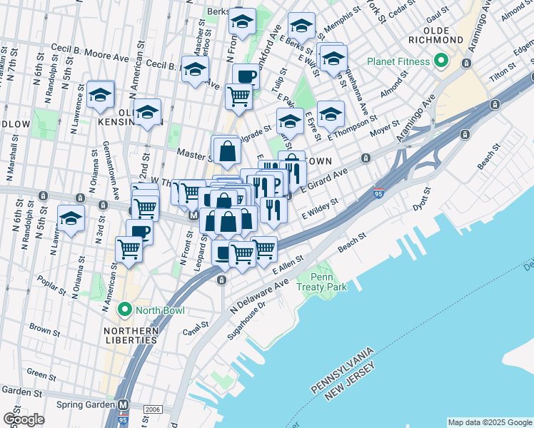 map of restaurants, bars, coffee shops, grocery stores, and more near 1128 Marlborough Street in Philadelphia