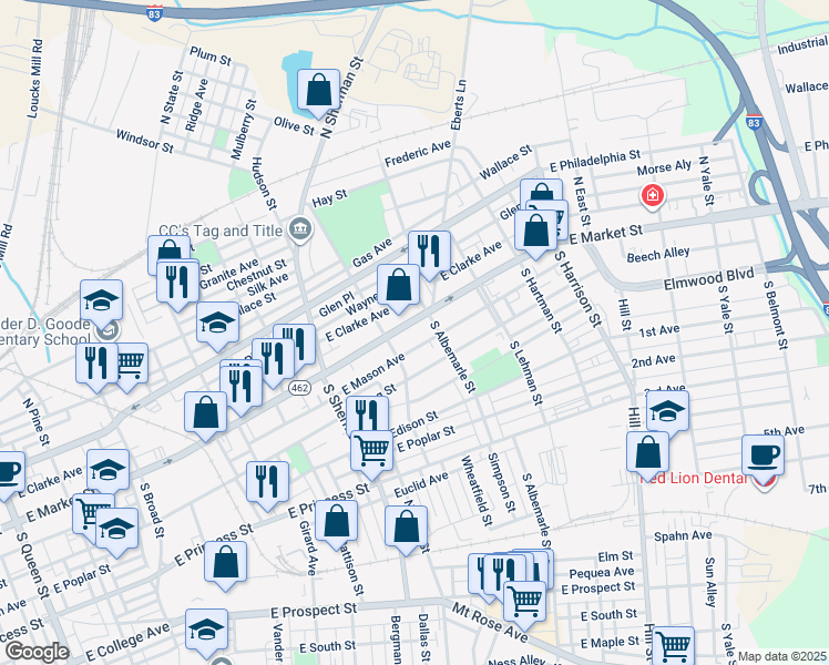 map of restaurants, bars, coffee shops, grocery stores, and more near 940 Pennsylvania 462 in York
