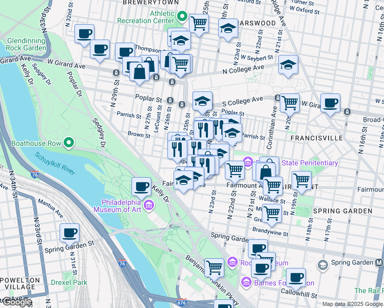 map of restaurants, bars, coffee shops, grocery stores, and more near 750 North Ringgold Street in Philadelphia