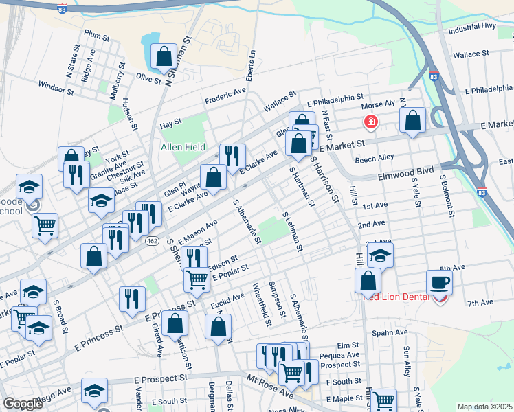 map of restaurants, bars, coffee shops, grocery stores, and more near 1031 East King Street in York