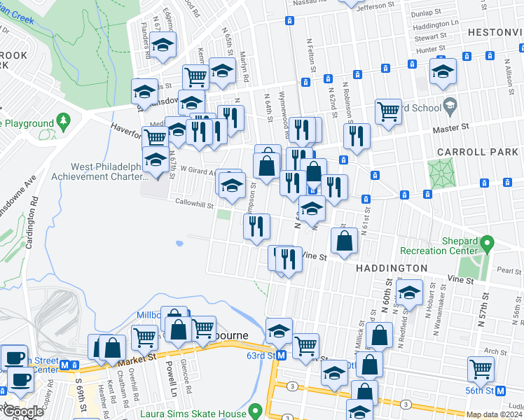 map of restaurants, bars, coffee shops, grocery stores, and more near 402 North 64th Street in Philadelphia