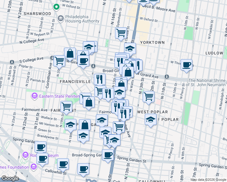 map of restaurants, bars, coffee shops, grocery stores, and more near 1504 Parrish Street in Philadelphia