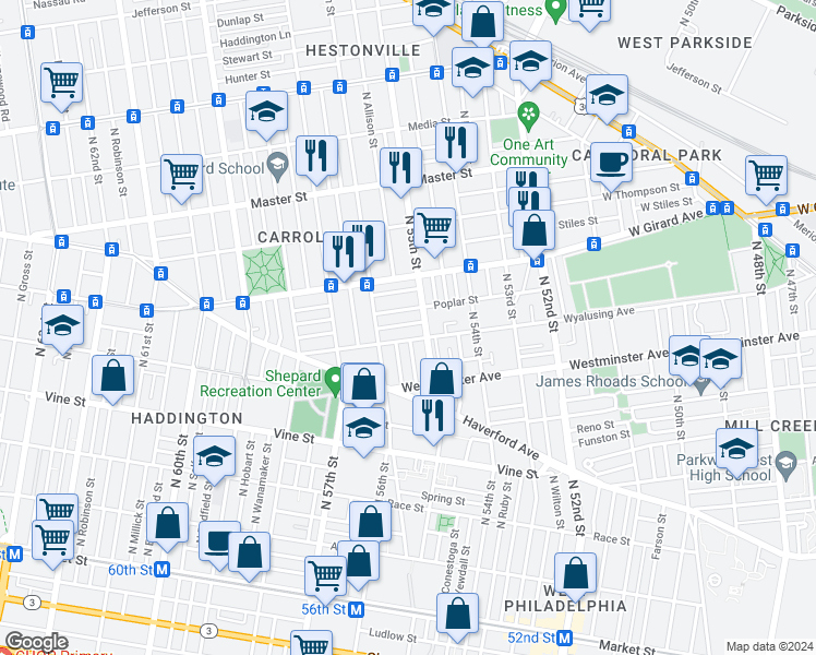 map of restaurants, bars, coffee shops, grocery stores, and more near 5520 Harmer Street in Philadelphia