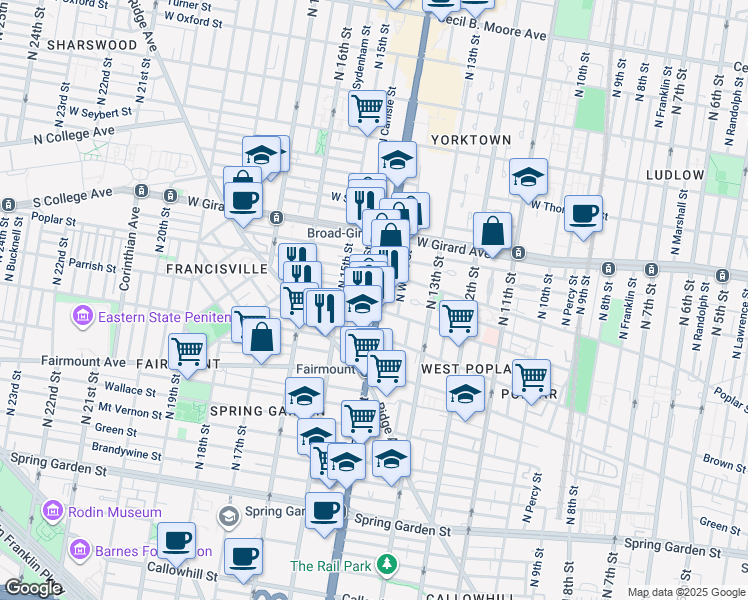 map of restaurants, bars, coffee shops, grocery stores, and more near 846 North Broad Street in Philadelphia