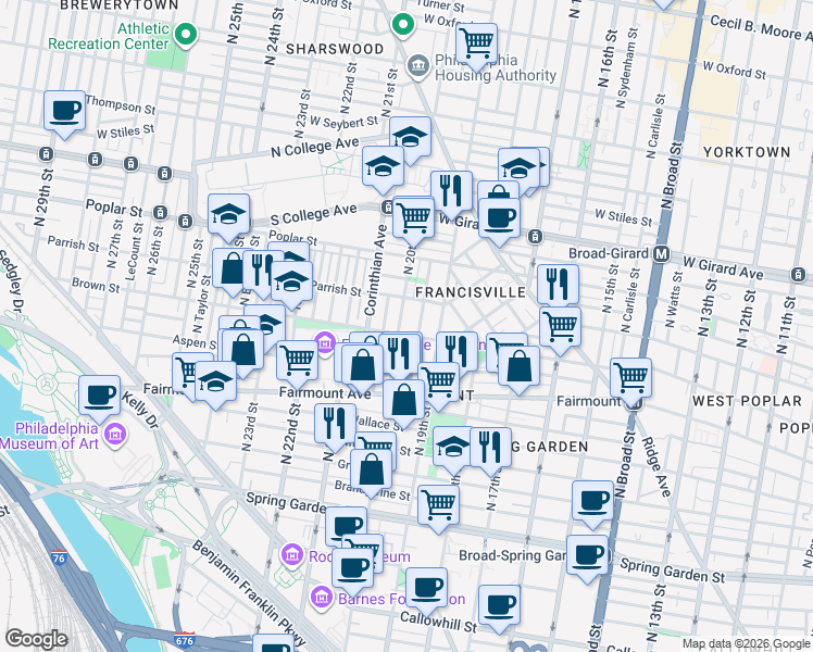 map of restaurants, bars, coffee shops, grocery stores, and more near 1123 Marlborough Street in Philadelphia