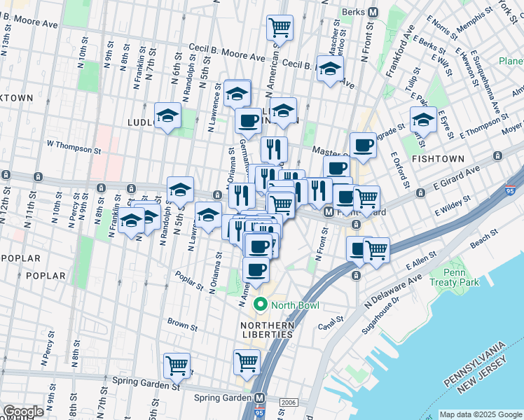 map of restaurants, bars, coffee shops, grocery stores, and more near in Philadelphia
