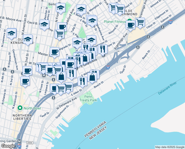 map of restaurants, bars, coffee shops, grocery stores, and more near 1022 East Palmer Street in Philadelphia