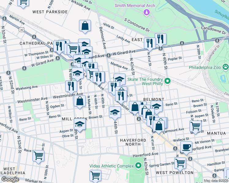 map of restaurants, bars, coffee shops, grocery stores, and more near 887 Belmont Avenue in Philadelphia