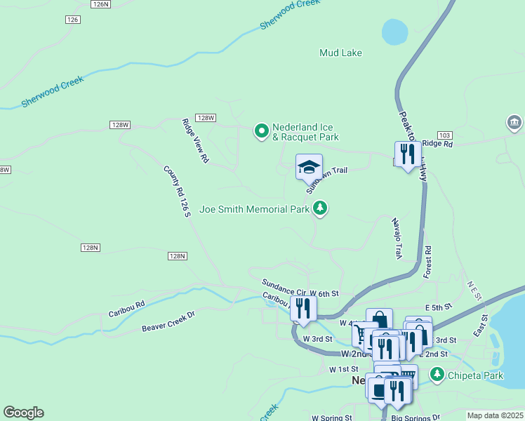map of restaurants, bars, coffee shops, grocery stores, and more near 1 Sundown Trail in Nederland