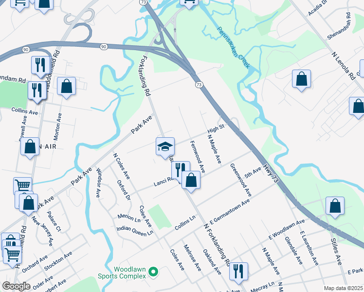 map of restaurants, bars, coffee shops, grocery stores, and more near 30 High Street in Maple Shade