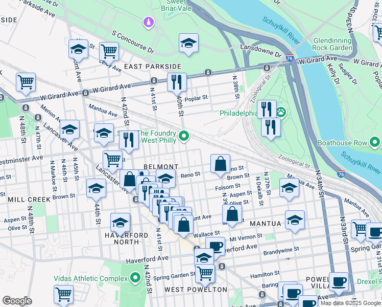 map of restaurants, bars, coffee shops, grocery stores, and more near 865 North 40th Street in Philadelphia